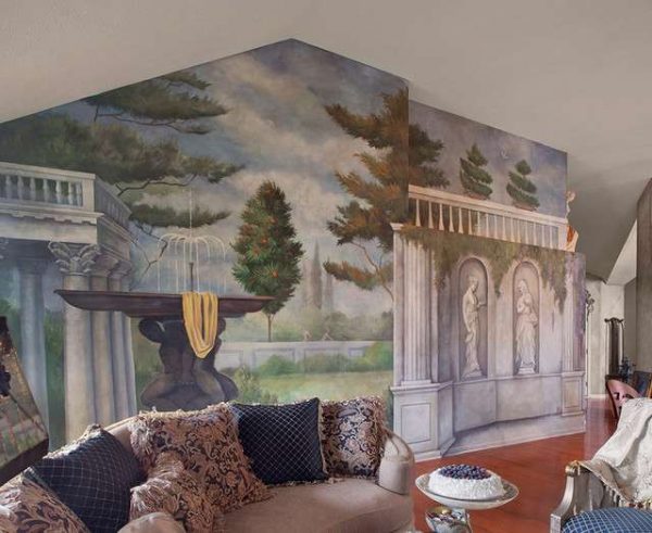фреска в интерьере просторной гостиной