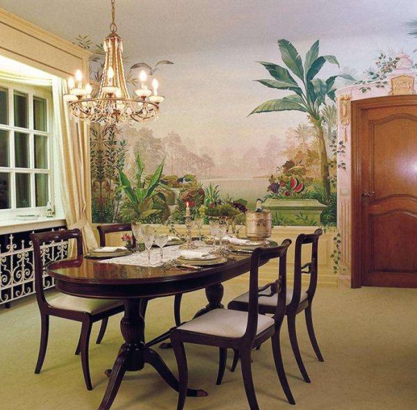 фреска с пейзажем в интерьере гостиной