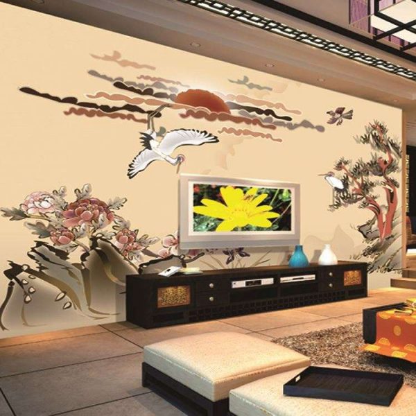 фреска в японском стиле в интерьере гостиной